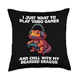 I Just Want to Play Video Games Funny Gamer Bearded Dragon Throw Pillow