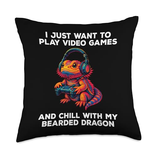I Just Want to Play Video Games Funny Gamer Bearded Dragon Throw Pillow
