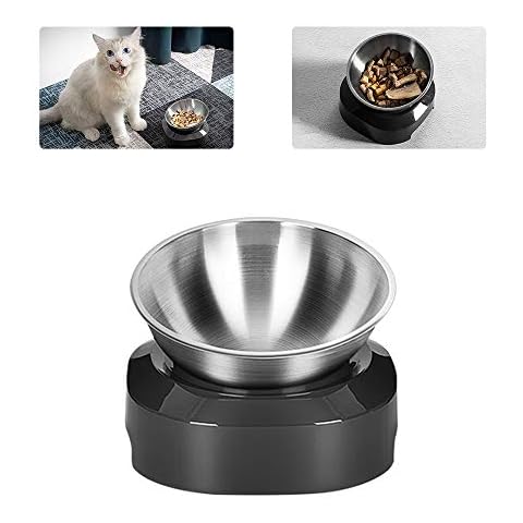 SUNASQ Single Dog Cat Bowls, Stainless Steel Cat Food and Water Bowl with Anti-slipping Raised Stand 15° Tilted Pet Feeding Bowl Detachable for Cats and Dogs(Silver+Dark gray) Cover
