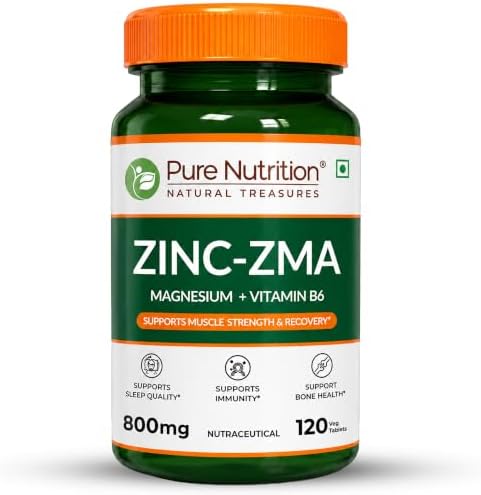 PURE NUTRITION NATURAL TREASURES Zinc ZMA Supplements for Men and Women | Zinc Magnesium Tablets for Muscle Recovery, Bone Support, Stress Relief and to Enhance Sleep Quality (120 Tablets)