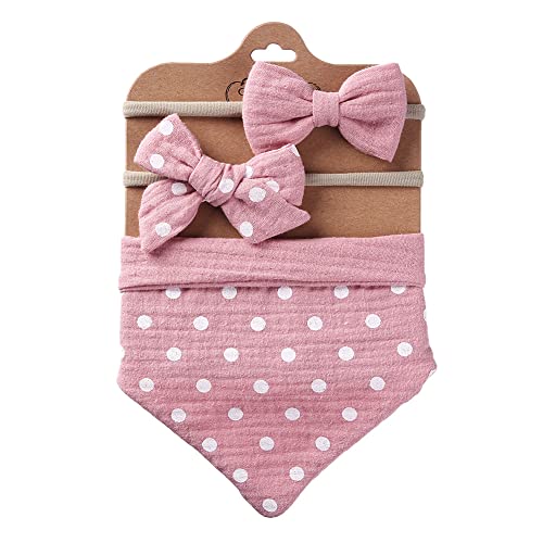 Baby Bib Bow Headband Saliva Towel Drooling Set Adjustable Cotton Gauze Lace Nylon Hairbands Teething Bib for Newborn, Type 2