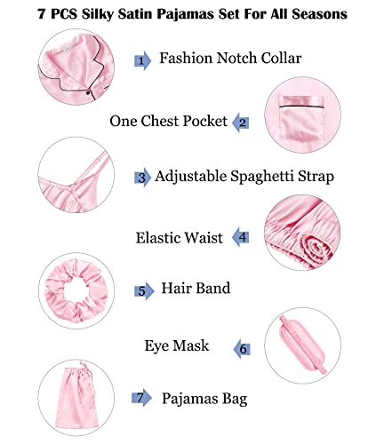 Swomog Satin Pajama Set Women Silk Pjs Set Short Sleeve 7 Piece Pj Bag Button Down Sleepwear Hair Ring Lounge Sets Pink #TOP2