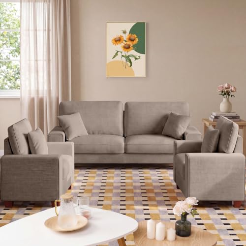 Image of DOPEDIO 71.25 inch Sofa Set, Chenille Loveseat & 2 Accent Chairs, Brown | Modern chenille sofa set with removable covers, spring cushions, solid wood frame, easy assembly for comfortable living rooms