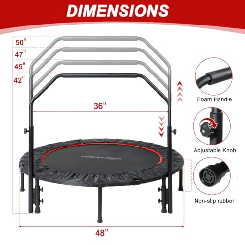 40\"/48\" Mini Foldable Trampoline for Adults 450/600 LB Weight Capacity Rebounder Trampoline with Adjustable Foam Handle Small Exercise Trampoline for Indoor or Garden Workout