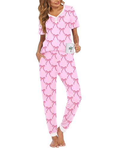 Image of Ekouaer Pajamas for Women Set 2 Piece Fall Lounge Sets Short Sleeve Pjs Joggers Long Pants Sleepwear with Pockets