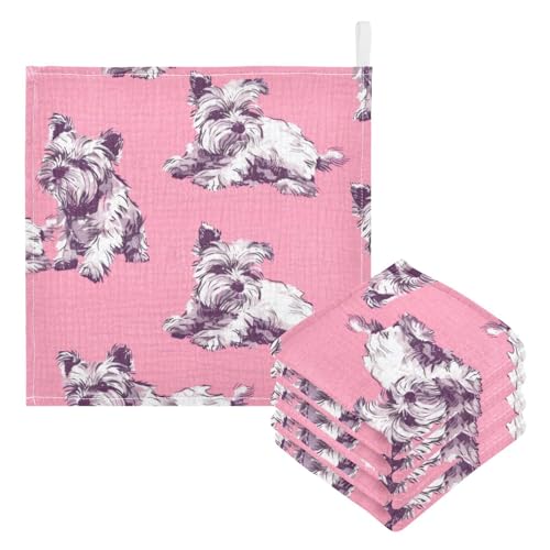 Image of Dog Pattern Pink Baby Washcloths - 5 Pack Muslin Cotton Face Towels for Baby Newborn Girls and Boys - Soft and Absorbent - 11.8 Inch