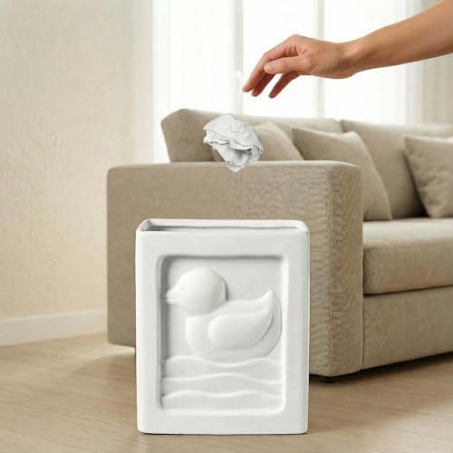 Image of Trash Can - 7L /1.85Gallon Ceramic Waste Basket, Paint-Your-Own Small Garbage Can for Kitchen /Bathroom /Bedroom /Office, White Duck Decor Trash Bin