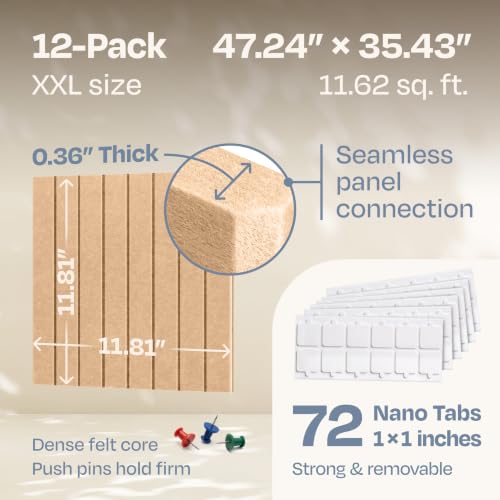 Image of X-Large Cork Board Alternative 12-Pack Felt Bulletin Board Thick and Decorative Pin Board for Home Office Walls 47.24 x 35.43 Inches with 72 Adhesive Tabs - [Soft Camel]