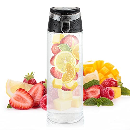 KUFUNG Fruit Infuser Water Bottle With Sleeve - BPA Free Anti-Slip Grip & Flip Top Lid Infused Water Bottles for Women & Men - Water Infusion Bottle With Cleaning Brush (Black1, 24 oz)