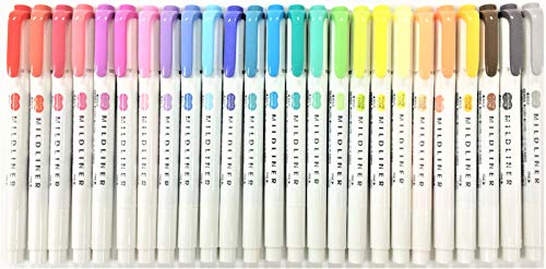 Zebra Mildliner Soft Color Double-Sided Highlighter Pens 25 Full Color Set(Standard 15 Color + New 10 Color) with Original Vinyl Pen Case
