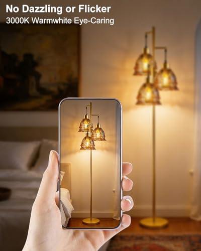Image of Lightdot 3-Lights Glass Floor Lamp Dimmable Gold Floor Lamps with Brown Glass Shade 3000K Bulbs Included Unique Modern Standing Tall Lamp with 5Lbs Heavy Base for Living Room /Bedroom /Sofa Beside