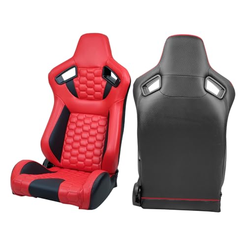 Image of IKON MOTORSPORTS, Universal Racing Seats with Dual Sliders, Reclinable Red & Black PU + Carbon Leather with Hexagonal Quilting Sport Bucket Seats, 1 Pair Driver + Passenger Side