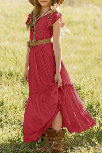 Image of MITILLY Girls Lace Flower Wedding Guest Long Maxi Dress for 6-12 Years | Girls Boho Dress, Girls' Special Occasion Dresses, Wedding Party, Size 6-12 Years, Ruffle Sleeve, A Line, With Pockets