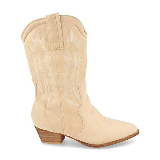 44357-Bota de Mujer con Tacon Campero, Cosido en Empeine y Cana, Primavera Verano 2021. Talla 38 Beige