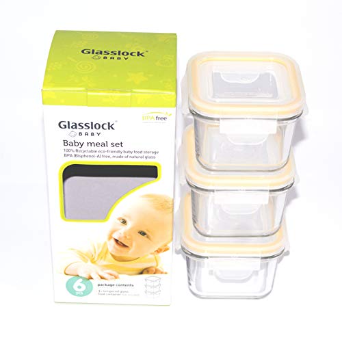 - Glasslock - GL-544. Juego de 3 fiambreras cuadradas de vidrio para conservar alimentos. Set de fiambreras para niños. Capacidad (cada una): 210 ml
