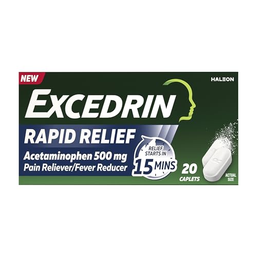 Image of Excedrin Rapid Relief Caplets, 500mg Acetaminophen, 20 Count | Clinically Proven to Absorb Fast for Pain Relief That Begins in 15 minutes , Caffeine Free, Aspirin Free
