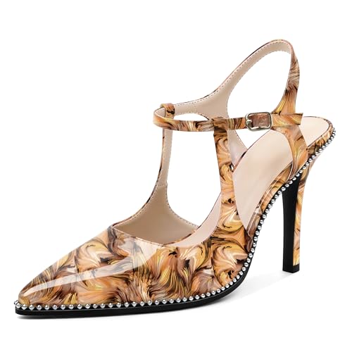 Image of SAMMITOP Womens High Heels Ankle Strap Pointed Toe Stilettos Patent Leather Beaded Pumps Dress Shoes 3.5 Inch