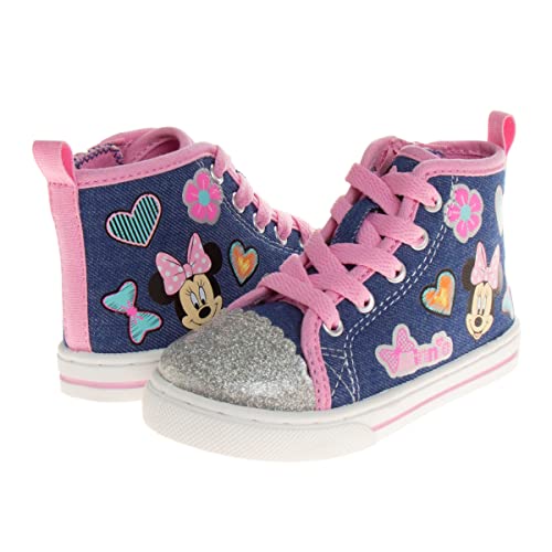Minnie Mouse Shoes Girls Sneakers - High Top Casual Canvas Characters Slip On Kids Shoes - Denim/Pink (9 Medium Toddler) #TOP4