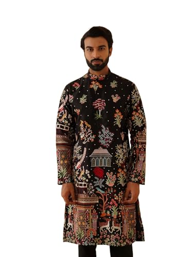 Sojanya Luxe (Since 1958) Men'S Cotton Satin Persian Embroidered Black & Multi Long Kurta - Main Image