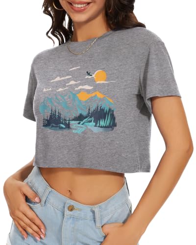 Image of Womens Crop Tops Summer Short Sleeve Round Neck T-Shirts Loose Fit Blouse | Chicgal Soft Elastic Fabric, Short Crop Design, Multiple Colors, Different Sizes XS-XL, Work Daily School Teacher Pants Skirt