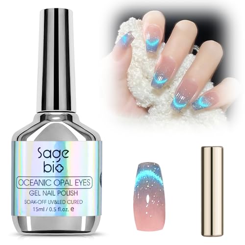 SAGEBIO Cat Eye Gel Nail Polish with Magnet Stick, 15ml Glitter Holographic Nail Polish, Magnetic Effect Gel for Home DIY Manicure Gift, Blue Tears