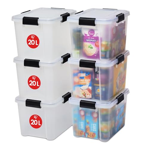 Iris Ohyama Luftdichte Kunststoff-Aufbewahrungsboxen mit Deckel, 20L, 6er-Set, Transparent, Hermetischer wasserdichter Verschluss, Robuste...