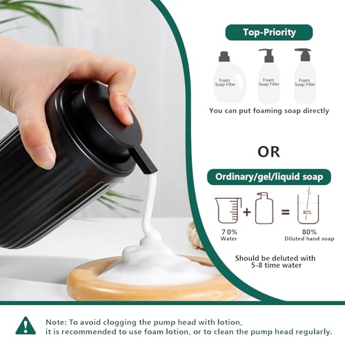 Image of BosilunLife Striped Black Ceramic Bathroom Accessories Set of 4 | Bathroom Decor Sets Accessories Bathroom Foam Soap Dispenser and Toothbrush Holder Set, Soap Dish, Apothecary Jars.(Foam)