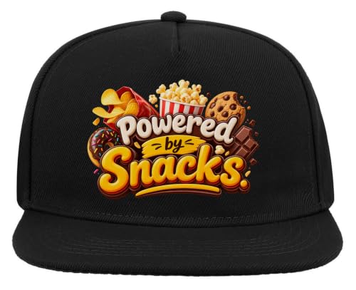 Fun and Colorful Snack Powered Design 5 Panel Snapback Flat Visor Baseball Hat Black