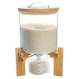 Aprilhp Rice Dispenser, Rice Storage Container, Flour and Cereal Container for Kitchen Organization and Pantry Store, Glass Cereal dispenser with Airtight Lid and Wooden Stand 5L