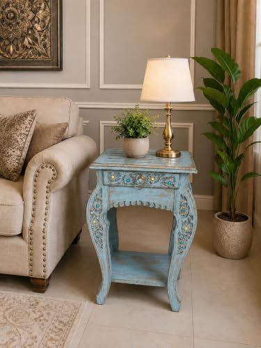 Image of Multipurpose Table Outdoor Indoor Stool Flower Vase Stool with One Drawer Material Mango Wood Size 30.5CM x 30.5CM x 53.3CM (Lite Blue Antique)