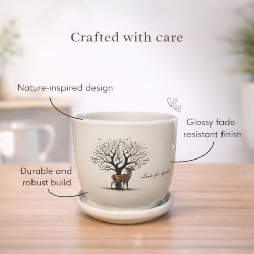 Image of Urban Upvan Tree Design Printed Ceramic Pot with Tray - Premium Decorative Planter for Indoor & Outdoor Plants, Modern Elegant Flower Pot for Home, Garden & Office