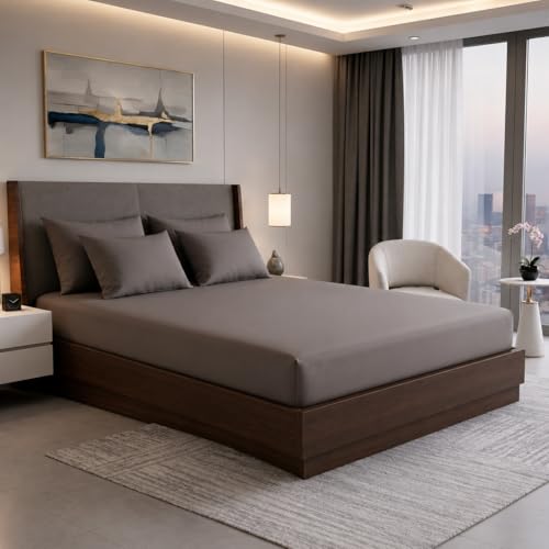 Image of 400TC Cotton Feel Glace Cotton Double Bed Elastic Fitted Bedsheet King Size Set || Includes 1 Solid Plain Fitted Bedsheet King Size with 2 Pillow Covers (78 x 72 Inches, Mocha)