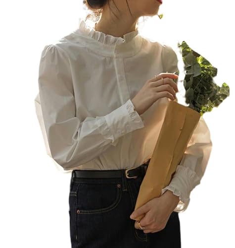 Camisa Blanca con Cuello de Encaje para Mujer, Camisa con Volantes en la Parte Inferior, Top pequeño de Estilo fragante - Blanco - XL
