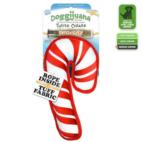 Image of Doggijuana Tuffer Chewer Dog Toy, Candy Cane | Holiday Plush, Squeaky | Squeaky plush dog toy with calming Juananip catnip inside; eases anxiety, stress & boredom; durable interactive chew toy