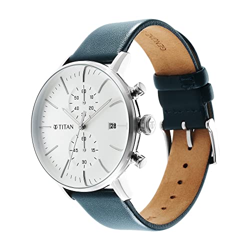 Titan Quartz Chronograph Silver Dial Leather Strap Watch for Men-NS90146SL01 - Image 5