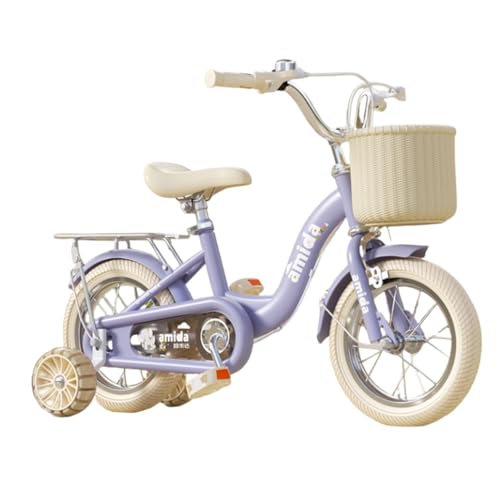NIGOE 子供用自転車 、キッズバイク 、低学年 高炭素鋼素材 、軽量 、手編み藤前かご 、取り外し補助輪 、調節可能な滑り止めハンドル付き 男の子と女の子の初心者向 (パープル(ベージュタイヤ),18インチ)