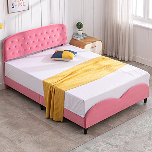 Mixoy Kids Twin Size Bed Frame With Headboard, Velvet Upholstered Platform Bed With Slatted Bed Base, No Box Spring Needed, Pink Princess Wooden Bed For Girls(Twin, Diamonds) #TOP2