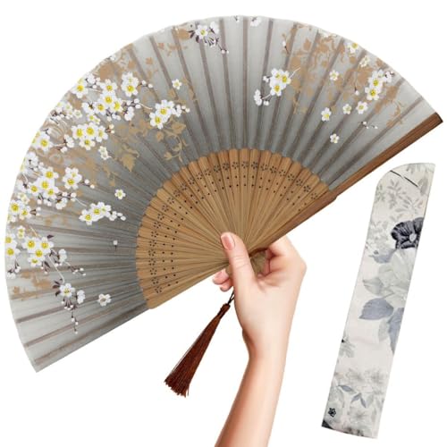 OMyTea Éventail chinois/japonais vintage pliable pour femme, en soie et en bambou, convient pour se rafraîchir partout (église, concert, danse, etc.), la...