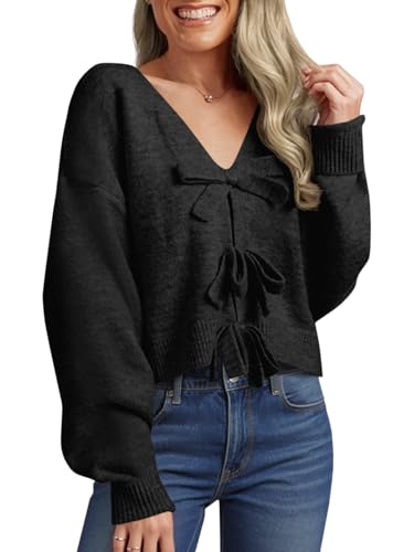 Image of Saodimallsu Womens Bow Sweater Cropped V Neck Long Sleeve Pullover Tops | Soft Cozy Knit, Two-Way Wear Design, Front & Back Bow, Cute Fall Tops 2026, Winter Fashion, Dressy Casual Holiday Outfits