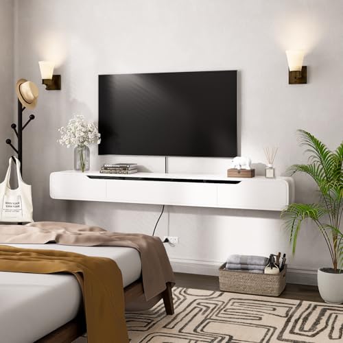 FurniNova 70'' Floating TV Stand with Drawers, Wall Mounted TV Console, High-Gloss Floating Entertainment Center Under TV Shelf for Living Room Bedroom,Fully Assembled,White