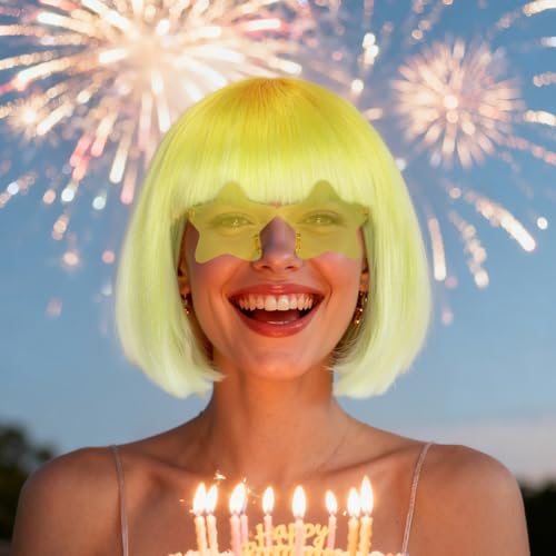 Image of ANOGOL Hair Cap + (Sunglasses) Yellow Gradient Bob Wig with Bangs Womens Party Wigs with Star-Shaped Glasses Short Neon Wig Daily Party Fun Wigs Women Halloween Costume Bachelorette Hair