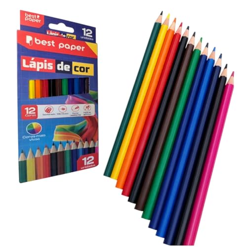 Best Paper Lápis de Cor, 12 Cores Vibrantes, Kit Escolar para Atividades Infantis, Desenho e Colorir