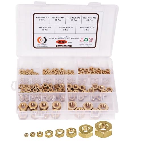 Image of Epi-Torque High Strength Brass Hex Nuts7 Sizes M3, M4, M5, M6, M8, M10, M12 Assortment Pack of 208 Pcs In Plastic Storage Box