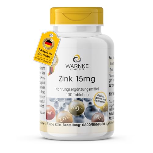 Zink 15mg - 100 Tabletten, organische Form als Zinkgluconat, Spurenelement, vegan | Warnke Vitalstoffe - Deutsche Apothekenqualität