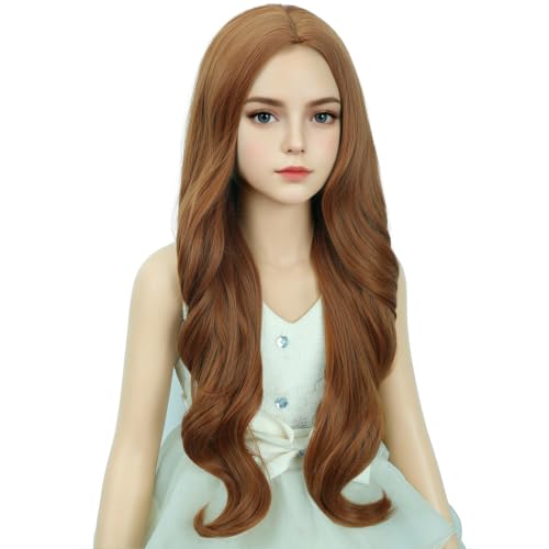 DUDUWIG Dark Orange Long Orange Middle Part Wigs Ginger Wavy Curly Wig Synthetic Hair Wigs Hair Net Include(Small Size)