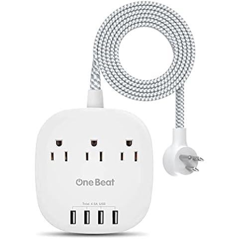 Desktop Power Strip with 3 Outlet 4 USB Ports 4.5A, Flat Plug and 5 ft Long Braided Extension Cords for Cruise Ship Travel Home Office, ETL Listed Cover