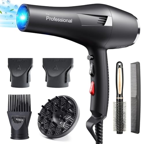Happygoo Secador Pelo Profesional Iónico 2400W Secadores de Pelo Motor AC 3 Temperaturas 2 Velocidades, Botón Aire Frío, 2 Concentradores y 1 Difusor 2,5 Metros de Cable, Rápido Secado Cabello