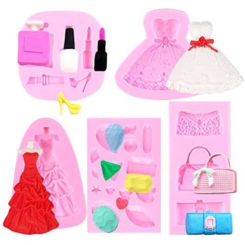 Makeup Fondant Molds, Gem High Heel Candy Chocolate Lipstick Cake Decoration Silicone Molds (5Pack) for Queen Theme Party, Princess Dress Handbag Perfume Resin Clay Tools for a Birthday and Wedding