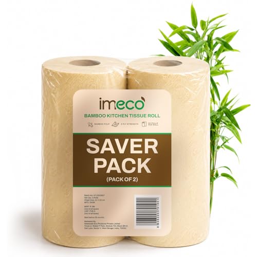 Image of IMECO 2 Ply Bamboo Kitchen Tissue Roll 120 Pulls | 60 Pulls x 2 Rolls | Pure Bamboo Pulp | Kitchen Towel Roll | Soft, Super Absorbent & Strong | Chemical-Free Paper Tissue