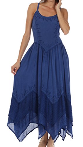 Image of Sakkas Rayon Embroidered Stonewashed Adjustable Spaghetti Straps Long Dress
